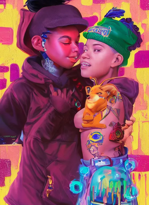 Image similar to beautiful portrait painting of an excited happy Hiphop lofi cyberpunk princess girl and her corgi royalty chilling, by Alessandro Barbucci, Alex Gross, WLOP, Josan Gonzalez, Kieron Gillen. trending on Artstation, 8k, masterpiece, face enhance, graffiti paint, fine detail, full of color, intricate detail, golden ratio illustration