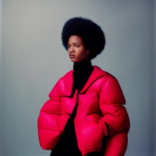 Image similar to realistic! photoshoot for a new balenciaga lookbook, color film photography, portrait of a beautiful woman wearing a puffer blazer, photo in style of tyler mitchell, 35mm