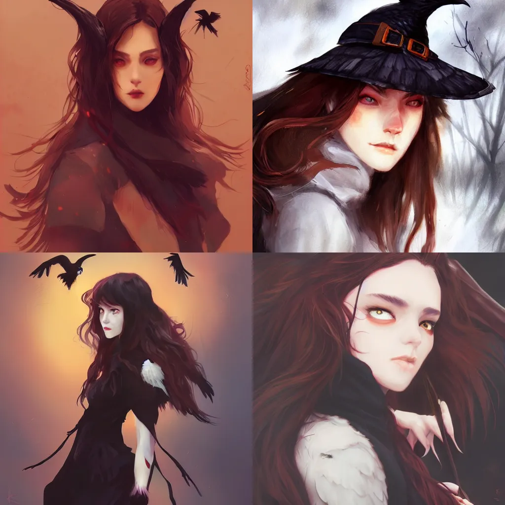 Prompt: a witch with brown hair and a crow on her shoulder by guweiz.
