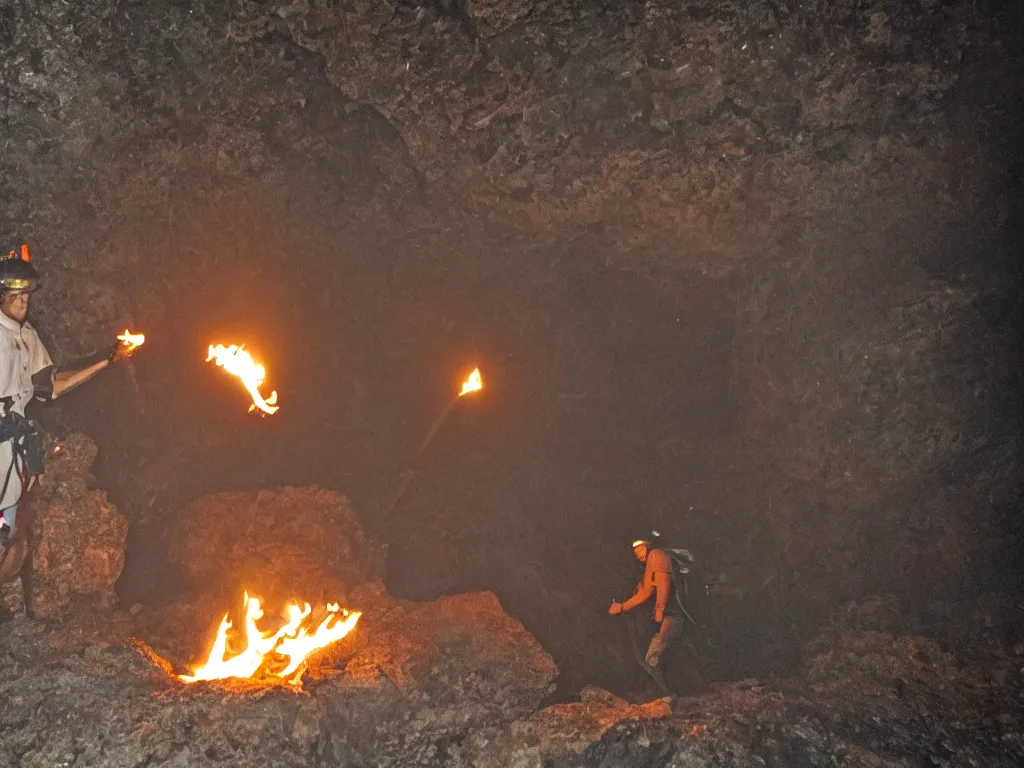 Prompt: one man with torch bringing fire into cave in darkness