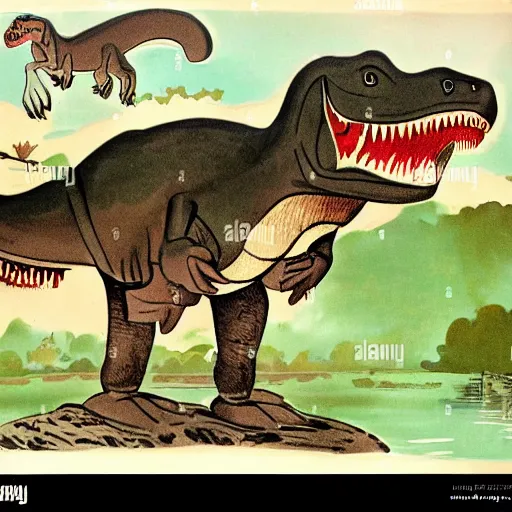 Prompt: 1940s children's book illustration of a Tyrannosaurus rex