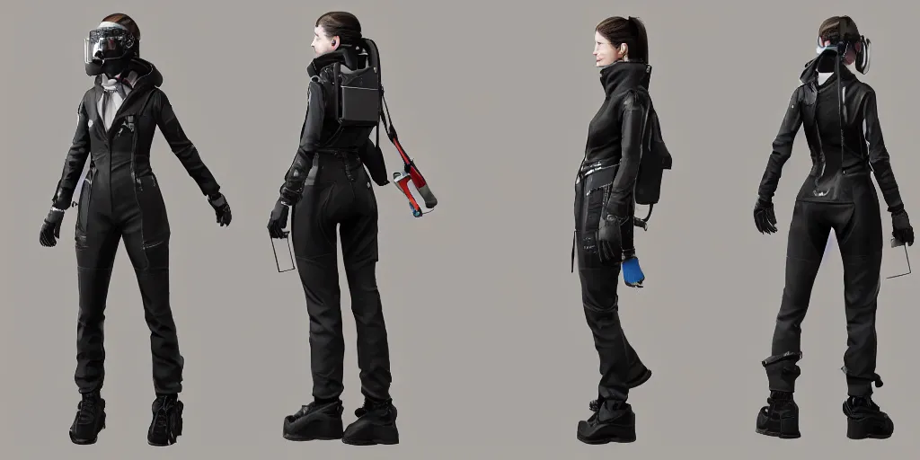 Image similar to Front and back view of a woman in scientist jacket with a system of straps and pouches for collecting material by Tetsuya Nomura with Ralph Horsley and Mario Testino, trending on artstation and pixiv clean sci-fi concept art and sheet that using unreal engine 5 render and hyper detailed 3D texture with cinematic software light