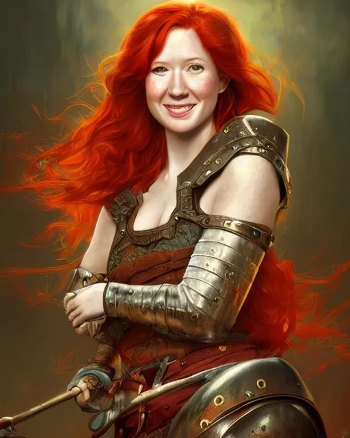 Prompt: fantasy portrait of a happy young women looking like Ellie kemper with red hair and freckles, slight smile, renaissance colorful dress, leather armor, music instrument in hand, backlit, made by Karol Bak, Artstation, 2d digital art sfw