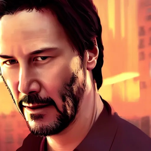 Image similar to keanu reeves if he was a character on a GTA loading screen, au naturel, hyper detailed, digital art, trending in artstation, cinematic lighting, studio quality, smooth render, unreal engine 5 rendered, octane rendered, art style by klimt and nixeu and ian sprigger and wlop and krenz cushart