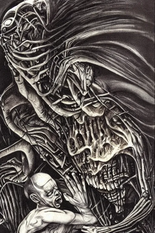 Image similar to saturn devouring his son in the syle of giger, giger, extremely detailed