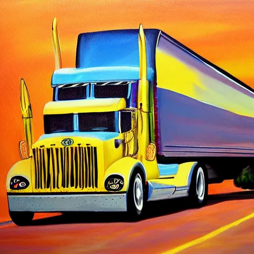 Image similar to highly detailed painting of a semi truck yelling