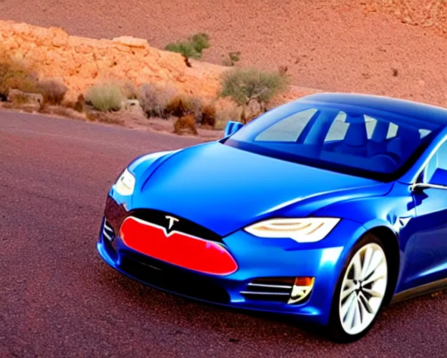 Prompt: a blue tesla driving across a road in the mojave desert, golden hour