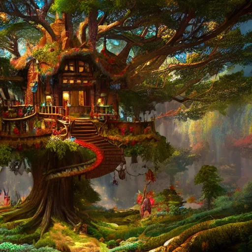 Prompt: detailed concept colorful fantasy painting of a transcendental treehouse, cinematic lighting, hyperdetailed, 8k, high resolution, insanely detailed and intricate, octane render