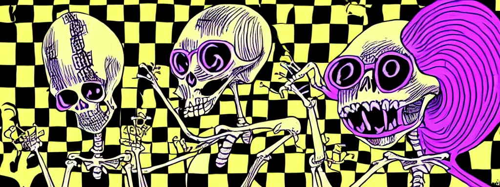 Prompt: ska skeleton and girlfriend, 8 0 s checkerboard 6 6 6, digital art, chalk, ultra detailed by tara mcpherson and gary houston, 3 5 mm