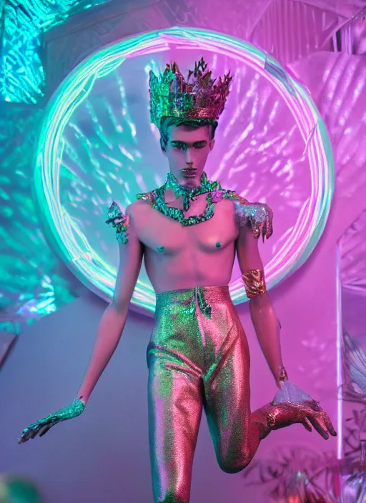 Image similar to photo of baroque and bladerunner delicate neon emerald sculpture of seductive prince adrien sahores pink iridescent humanoid deity wearing metallic jungle leaves, crystal tigers, glowing rainbow lights, crown made of hands, cinematic lighting, photorealistic, octane render 8 k depth of field 3 d
