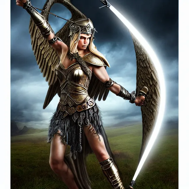 Prompt: beautiful valkyrie warrior with light powers, highly detailed, 4 k, hdr, smooth, sharp focus, high resolution, award - winning photo, anne stokes, photorealistic