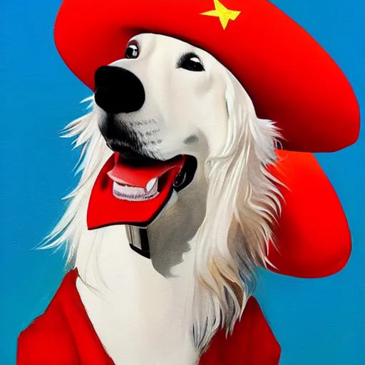 Prompt: Portrait painting of a Borzoi Dog using a communist red beret as an Overwatch character, medium shot, asymmetrical, profile picture, Organic Painting, sunny day, Matte Painting, bold shapes, hard edges, street art, trending on artstation, by Huang Guangjian and Gil Elvgren and Sachin Teng