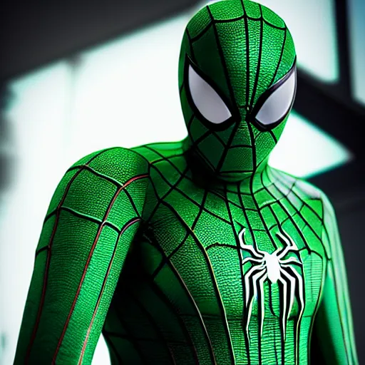 Image similar to green spider - man suit with black web lining, cinematic, volumetric lighting, realistic, hyperdetailed, photorealistic, photograph