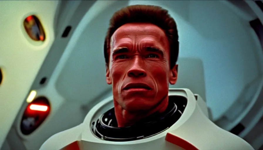 Image similar to 1 9 6 0 s movie still of arnold schwarzenegger, 2 0 0 1 a space odyssey, cinestill 8 0 0 t 3 5 mm, high quality, heavy grain, high detail, panoramic, cinematic composition, dramatic light, ultra wide lens, anamorphic, flares