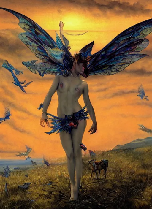 Image similar to fairy cow with wings and magical eyes! sunset by gerald brom, by mikhail vrubel, by peter elson, muted colors, extreme detail, trending on artstation, 8 k