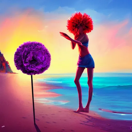 Image similar to portrait, giant rose flower head, girl dancing at the beach, surreal photography, sunrise, blue sky, dramatic light, impressionist painting, digital painting, artstation, simon stalenhag