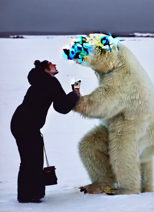 Image similar to polar bear hugging an eskimo while drinking a coca cola 8 k masterpiece