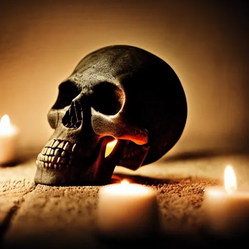 Image similar to a skull in a dark dungeon lit only by candle light, dslr photo, cinematic lighting, shallow depth of field