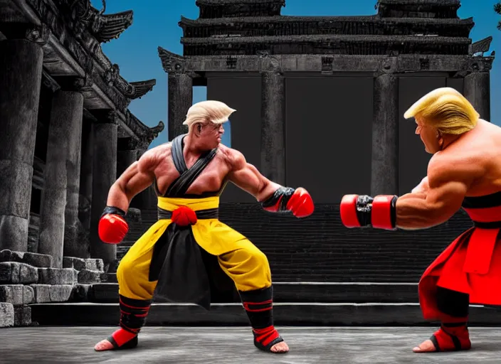 Image similar to 5 5 mm photo of trump fights biden in mortal kombat on the background of an ancient temple with a giant shao kahn laughing. fantasy magic style. highly detailed 8 k. intricate. lifelike. soft light. sony a 7 r iv 5 5 mm. cinematic post - processing