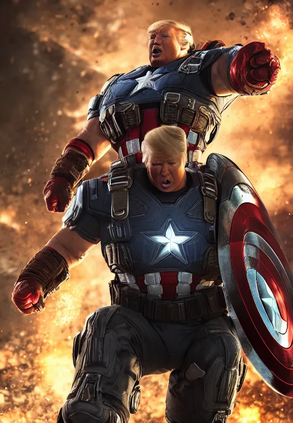 Prompt: Portrait of Donald Trump as captain america in Gears of War, splash art, movie still, cinematic lighting, dramatic, octane render, long lens, shallow depth of field, bokeh, anamorphic lens flare, 8k, hyper detailed, 35mm film grain