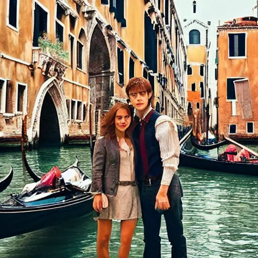 Prompt: Harry Potter and Hermione in Venice, art gallery, art museum, symmetrical face, beautiful eyes,