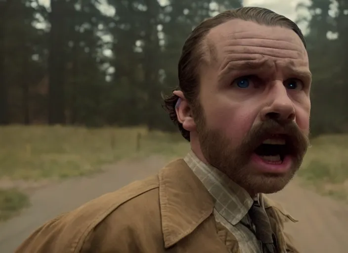 Prompt: film still of!!!!! frank farmer!!!!! as jim hopper in the upside down in stranger things, 4 k