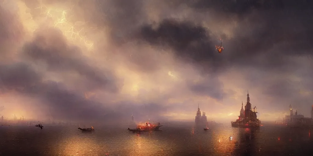 Prompt: Shenzhen in the style Enchanted, mystical, magical, steampunk airship overhead with propellers, Victoria Terminus, apocaplytic clouds, magical lightening, highly detailed, magical atmosphere, Hi-Tech, Dramatic lighting, epic compositing, high quality, ivan aivazovsky, greg rutkowski, trending on artstation, astrology, denoise