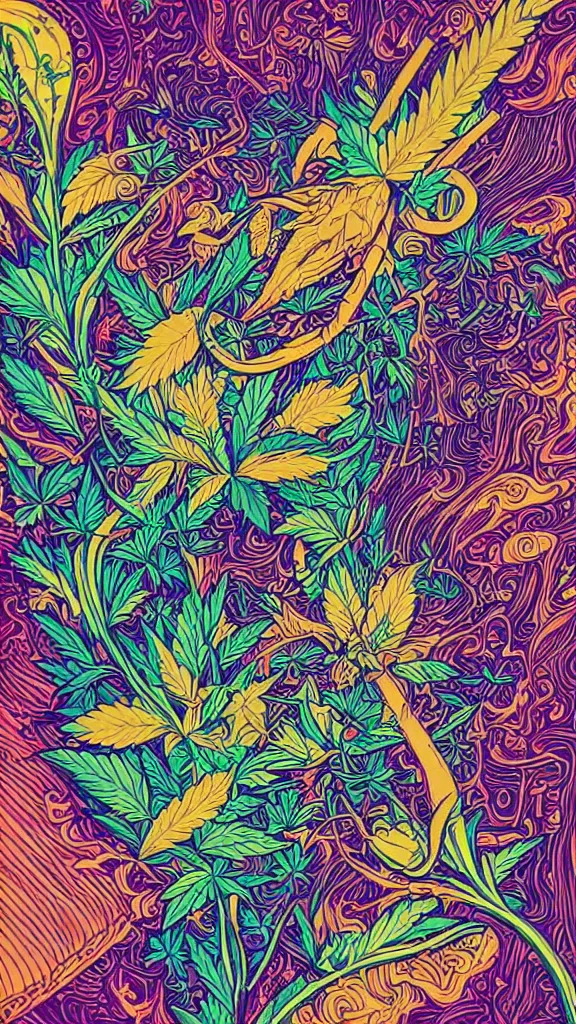 Prompt: uplifting cannabis symbolism illustration, joyful atmosphere, detailed linework, vibrant colors, cinematic, light psychedelic, black paper, ornate, symmetrical, high value tarot card, very detailed, delicate ink illustration, golden ratio, 8k, style of James Gilleard