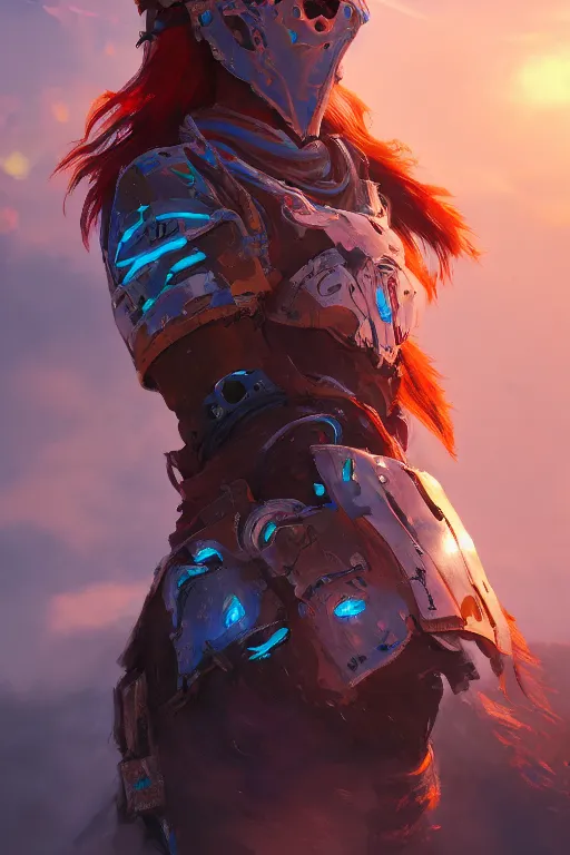 Image similar to combination suit armor aloy horizon forbidden west horizon zero dawn radiating a glowing aura global illumination ray tracing hdr fanart arstation by ian pesty and alena aenami artworks in 4 k tribal robot ninja mask helmet backpack