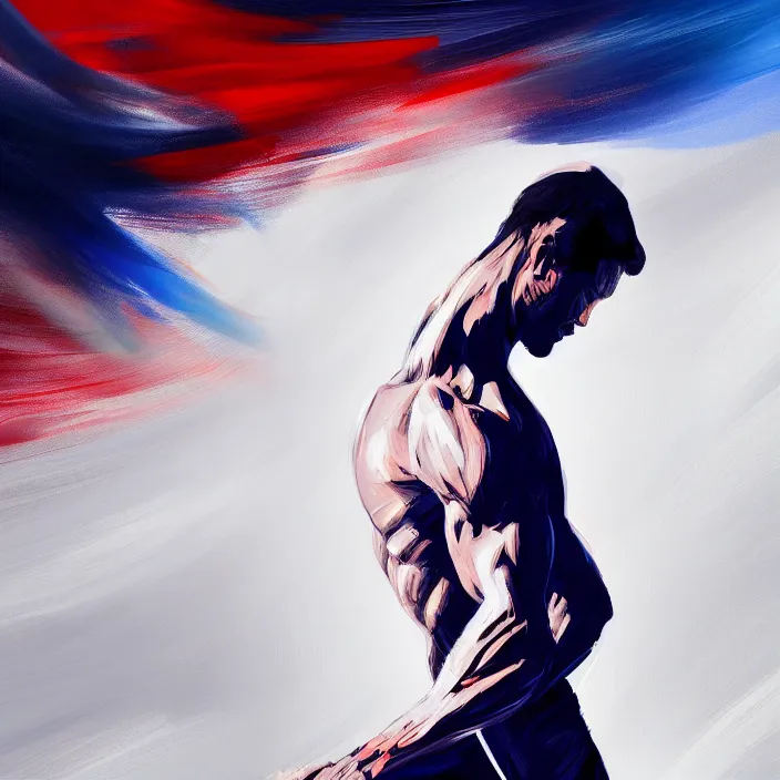 Prompt: closeup of a thin, athletic physique man's body in abstract, thick flowing dramatic brush strokes, strong wind, white background, matte colors, impressionist, extreme motion, trending on artstation