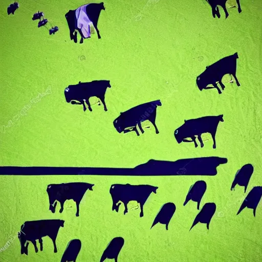 Image similar to cows casting a shadow being abducted by ufo in summer night from pasture. aerial view, minimalism, precisionist in style of patrick nagel, purple and green gamma with contrast and shadows