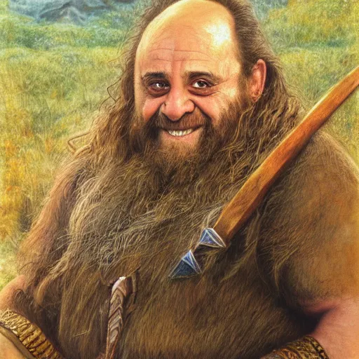 Prompt: danny devito as gimli, by alan lee, lord of the rings calendar, smooth, detailed terrain, oil painting, matte painting, concept art, trending on artstation