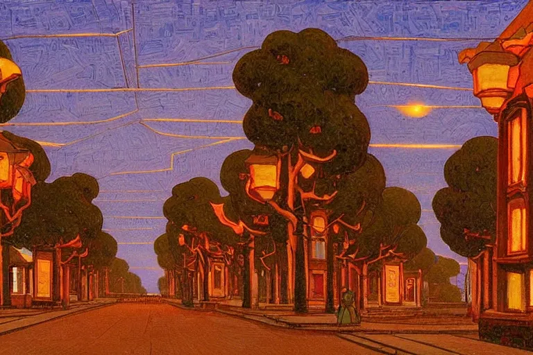 Image similar to tree-lined street at twilight in a very old very beautiful city by Thomas Seddon and Nicholas Roerich, glowing paper lanterns, strong dramatic cinematic lighting , ornate tiled architecture, lost civilizations, smooth, sharp focus, extremely detailed