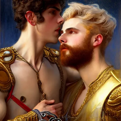 Image similar to attractive fully clothed king confesses his love for his attractive fully clothed male prince. highly detailed painting by gaston bussiere, tom bagshaw, j. c. leyendecker