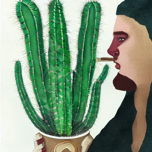 Image similar to spartan drinking tea with trichocereus background and smoke haze