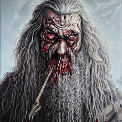Prompt: zombie gandalf, gritty, veins, blood, bone, horror oil painting masterpiece, very detailed, intricate, trending on artstation