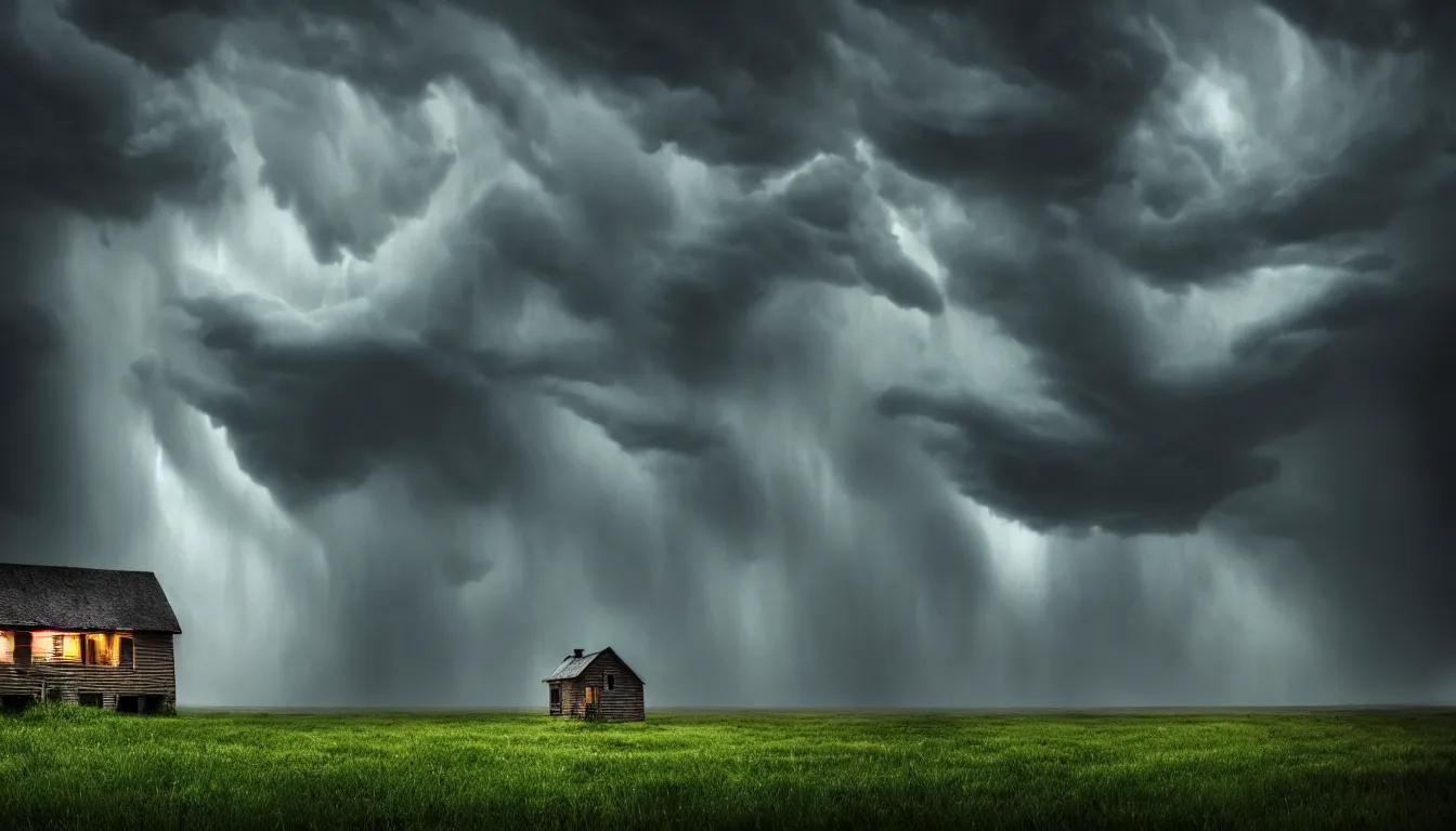 Image similar to lonely house in front lakeside, raining, storm, thunder, atmospheric, scary, claustrophobic, ambient vibe, very detailed, high resolution, 8 k