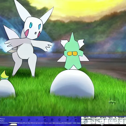 Prompt: togepi battling chikorita, pokemon legends arceus style, realistic, open world, detailed