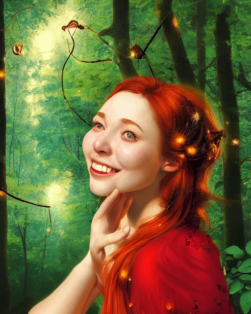 Image similar to a happy young woman, admiring the lights of golden fireflies, sitting in the midst of nature with a wonderful dress, long loose red hair, bright green eyes, small nose with freckles, triangle shape face, smiling, romantic scene, golden ratio, high contrast, photo realistic digital art by caravaggio and artgerm.