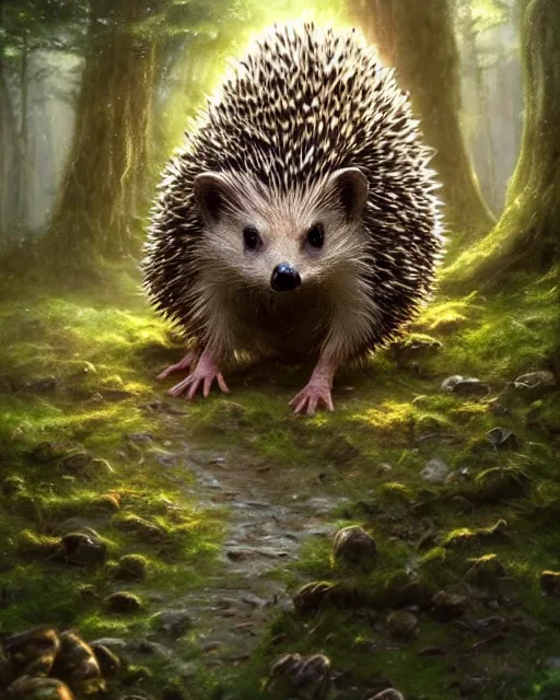 Image similar to Hedgehog druid, gaia, nature, fairy, forest background, magic the gathering artwork, D&D, fantasy, cinematic lighting, centered, symmetrical, highly detailed, digital painting, artstation, concept art, smooth, sharp focus, illustration, volumetric lighting, epic Composition, 8k, art by Akihiko Yoshida and Greg Rutkowski and Craig Mullins, oil painting, cgsociety