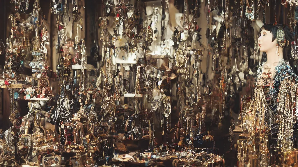 Image similar to a woman made of jewelry stands in the living room, film still from the movie directed by Denis Villeneuve with art direction by Salvador Dalí, wide lens, 4K, realistic