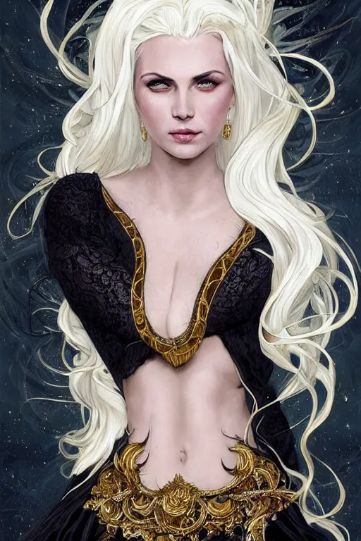 Image similar to fullbody!! of a beautiful woman with white hair, big natural horns on her head, long flowing intricate black lace dress, gold and gemstone jewellery, dnd, face, fantasy, intricate, elegant, highly detailed, digital painting, artstation, concept art, smooth, sharp focus, illustration, art by artgerm and greg rutkowski and alphonse mucha