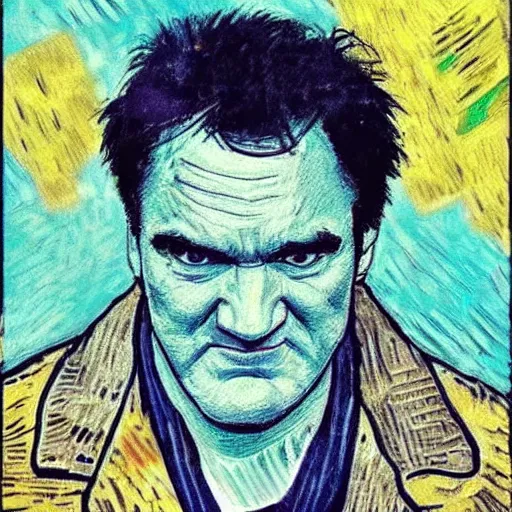 Image similar to an artistic portrait of quentin tarantino, in style of van gogh