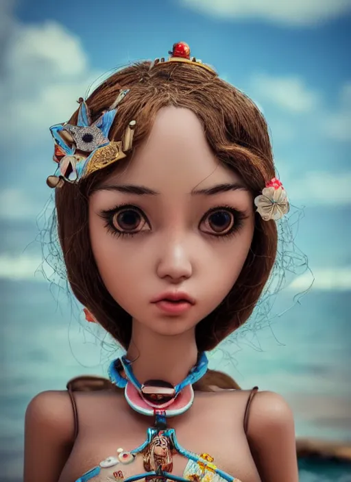 Image similar to closeup profile portrait of tin toy bikini girl beach, depth of field, zeiss lens, detailed, symmetrical, centered, fashion photoshoot, by nicoletta ceccoli, mark ryden, lostfish, breathtaking, 8 k resolution, extremely detailed, beautiful, establishing shot, artistic, hyperrealistic, octane render