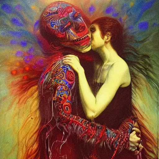 Prompt: the concept of a loving relationship, transcendence, airbrush art, shamanic dmt horror art, by edwin austin abbey