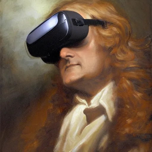 Prompt: portrait of isaac newton using a vr googles oculus rift, artwork by gaston bussiere, craig mullins, trending on artstation