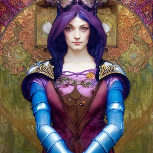 Image similar to Masterpiece head and shoulders portrait of Fiora from League of Legends of Arcane animated Series with pink and blue short hair and arcane armor drawn by Donato Giancola and Tom Bagshaw, Edmund Leighton, Alphonse Mucha, background by James Jean and Gustav Klimt, 4k, porcelain skin, volumetric lighting, komorebi, french nouveau, trending on artstation, octane render, hyperrealistic