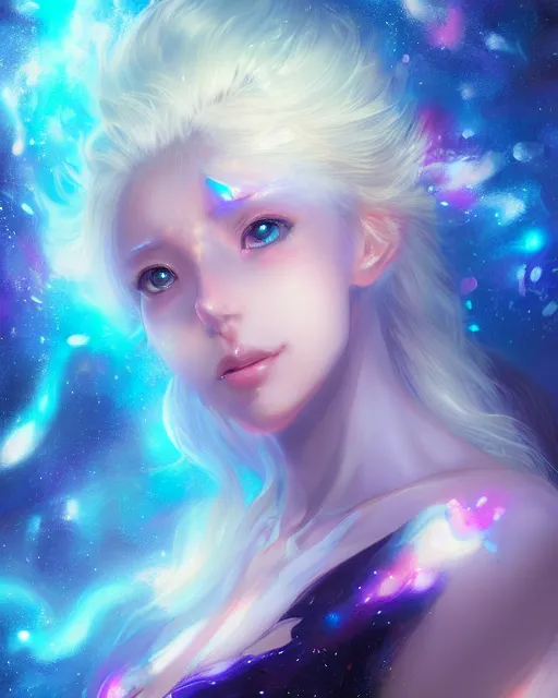 Image similar to A realistic anime portrait of a beautiful cosmic woman with glowing blue eyes and skin made of universes wearing clothes made of galaxies, digital painting, by Stanley Artgerm Lau, Sakimichan, WLOP and Rossdraws, digtial painting, trending on ArtStation, SFW version