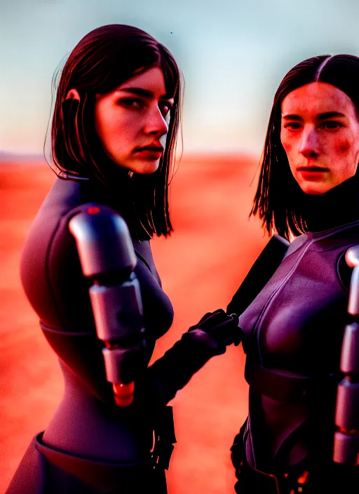 Image similar to cinestill 5 0 d photographic portrait of two sultry loving female androids wearing rugged black techwear on a desolate plain with a red sky, extreme closeup, cyberpunk style, garters, dust storm, 8 k, hd, high resolution, 3 5 mm, f / 3 2, ultra realistic faces, ex machina