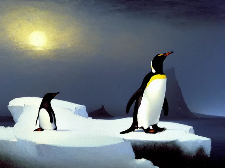 Image similar to an oil painting of a penguin playing in pure white snow on an iceberg in a serene ocean at dusk. aurora. by tuomas korpi moebius and carl spitzweg. baroque elements. intricate artwork by caravaggio. oil painting. oil on canvas. award winning. dramatic. trending on artstation. 8 k